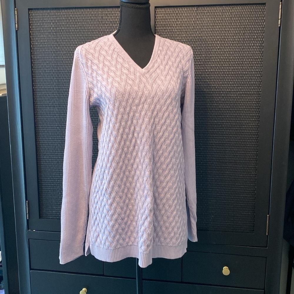 Lands’ End Sweater V-Neck Long Sleeve Cable Knit Cotton Lavender Medium Tall